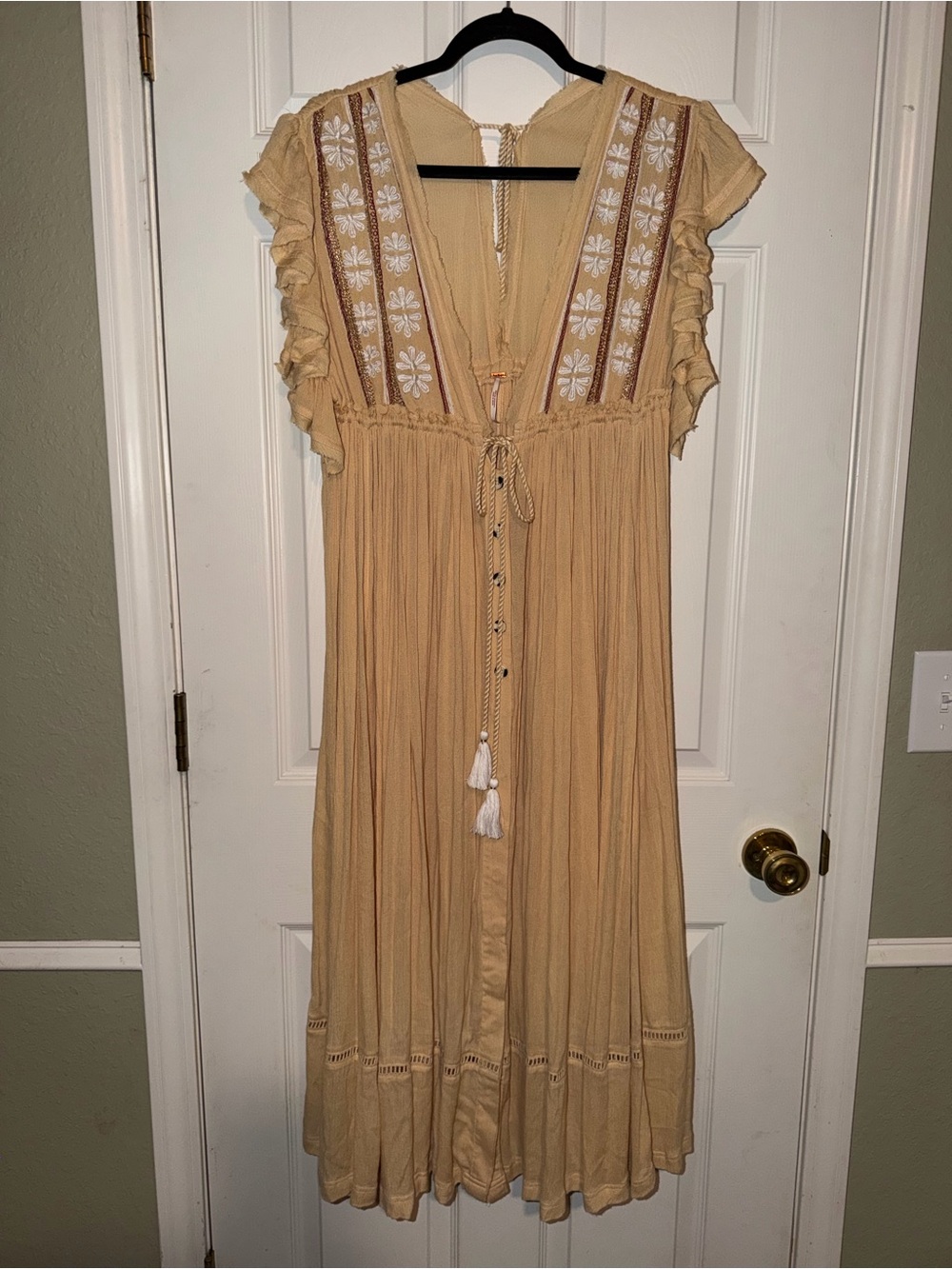Free People Will Wait For You Boho Tan Embroidered Midi Dress w/Tassels